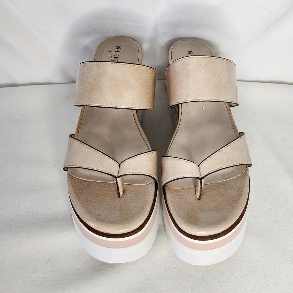 Naked Feet Flux Beige Pink White Platform Wedge Sandals Toe Loop 8M - Picture 2 of 7
